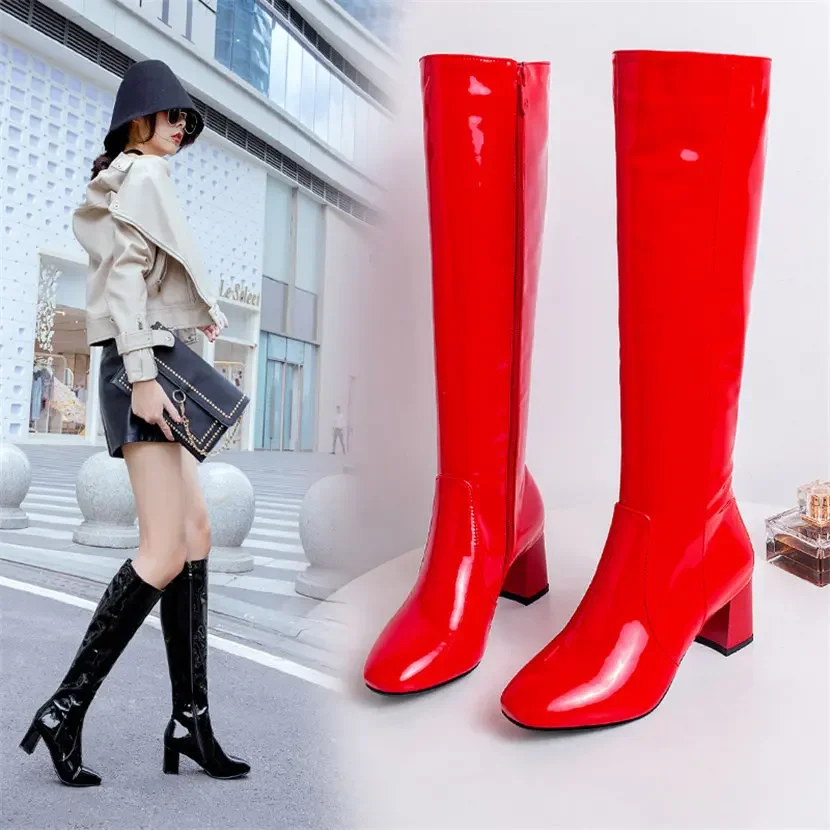 Red White Patent Leather Women - Knee High Boots Women 评论和价格
